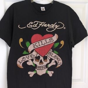 Ed Hardy Black Tee with Skull and Heart Design Beaded, Med